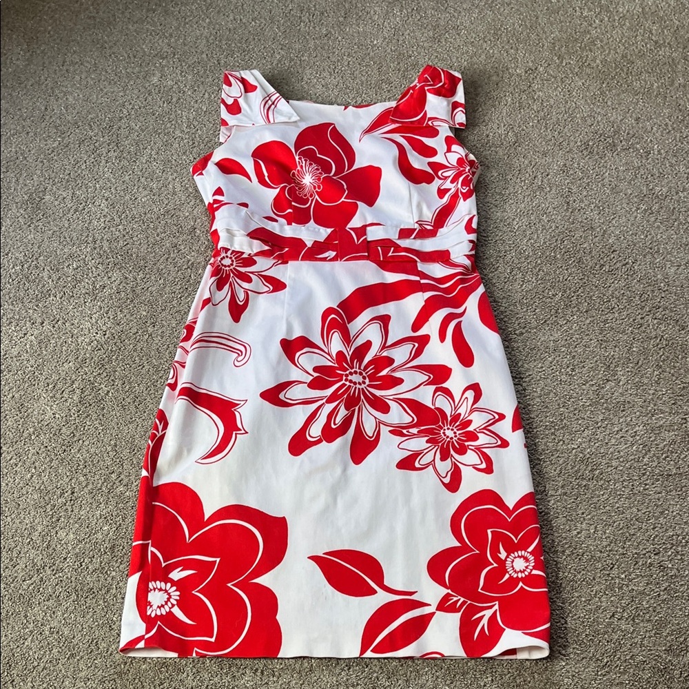 David Meister Vivid Orange White Floral Bow Shoulder Dress sz6 imperfect